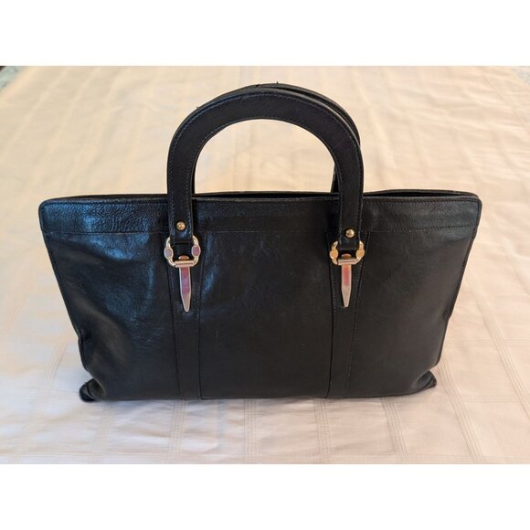 Vintage Black Leather Handbag W/ Gold Accents Womens Classic Career Tote Bag - Picture 2 of 16